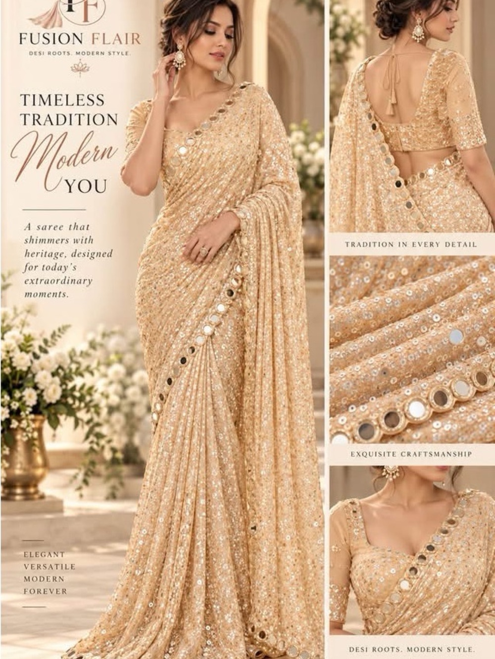 Women's Cream Color Sequin Saree with Mirror Work Size 38